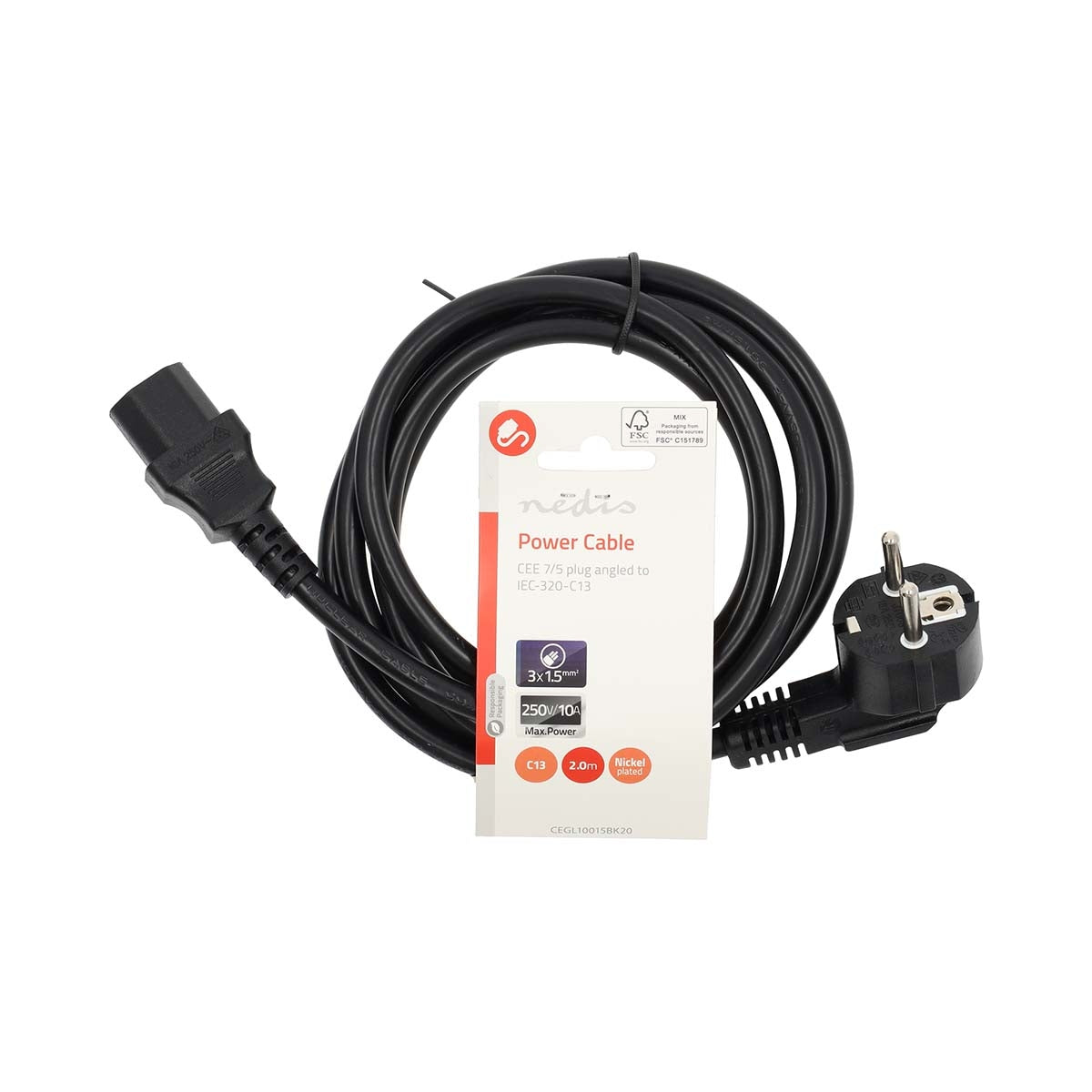 Power Cable | Plug with earth contact male | IEC-320-C13 | Angled | Straight | Nickel Plated | 2.00 m | Round | PVC | Black | Label