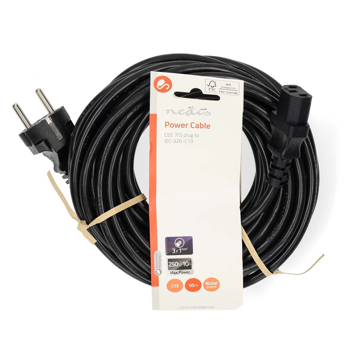 Power Cable | Plug with earth contact male | IEC-320-C13 | Straight | Straight | Nickel Plated | 10.0 m | Round | PVC | Black | Label