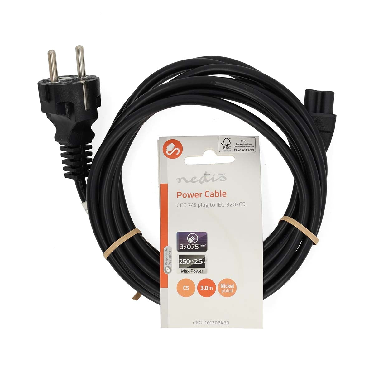 Power Cable | Plug with earth contact male | IEC-320-C5 | Straight | Straight | Nickel Plated | 3.00 m | Round | PVC | Black | Label