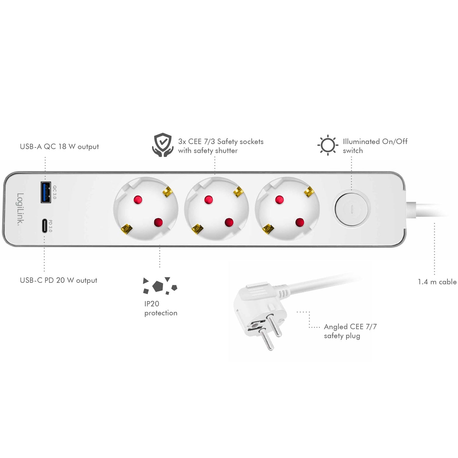 Power Strip 3-Way + USB-A/USB-C PD 20W, 1.4m, White