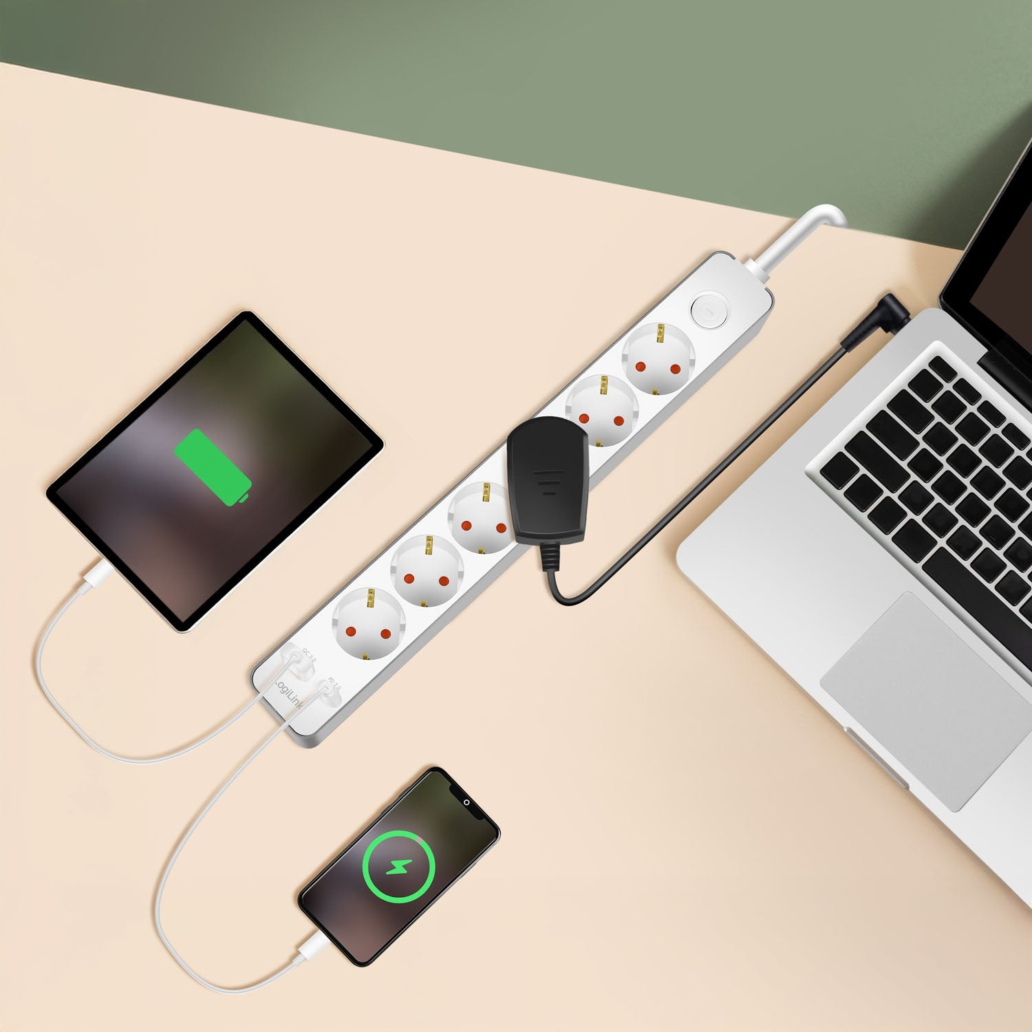 Power Strip 6-Way + USB-A/USB-C PD 20W, Switch, 1.4m, White