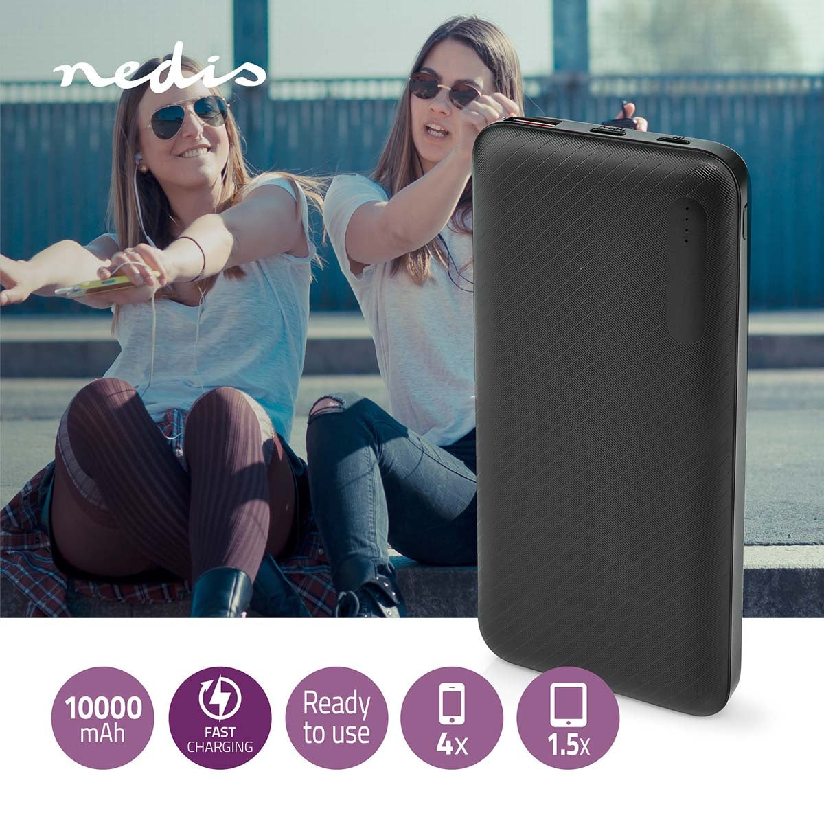 Power bank | 10000 mAh | 1.5 / 2.0 / 3.0 A | Number of outputs: 2 | Output connection: 1x USB-A / 1x USB-C™ | Input connection: 1x Micro USB / 1x USB-C™ | PD2.0 18W | Lithium polymer