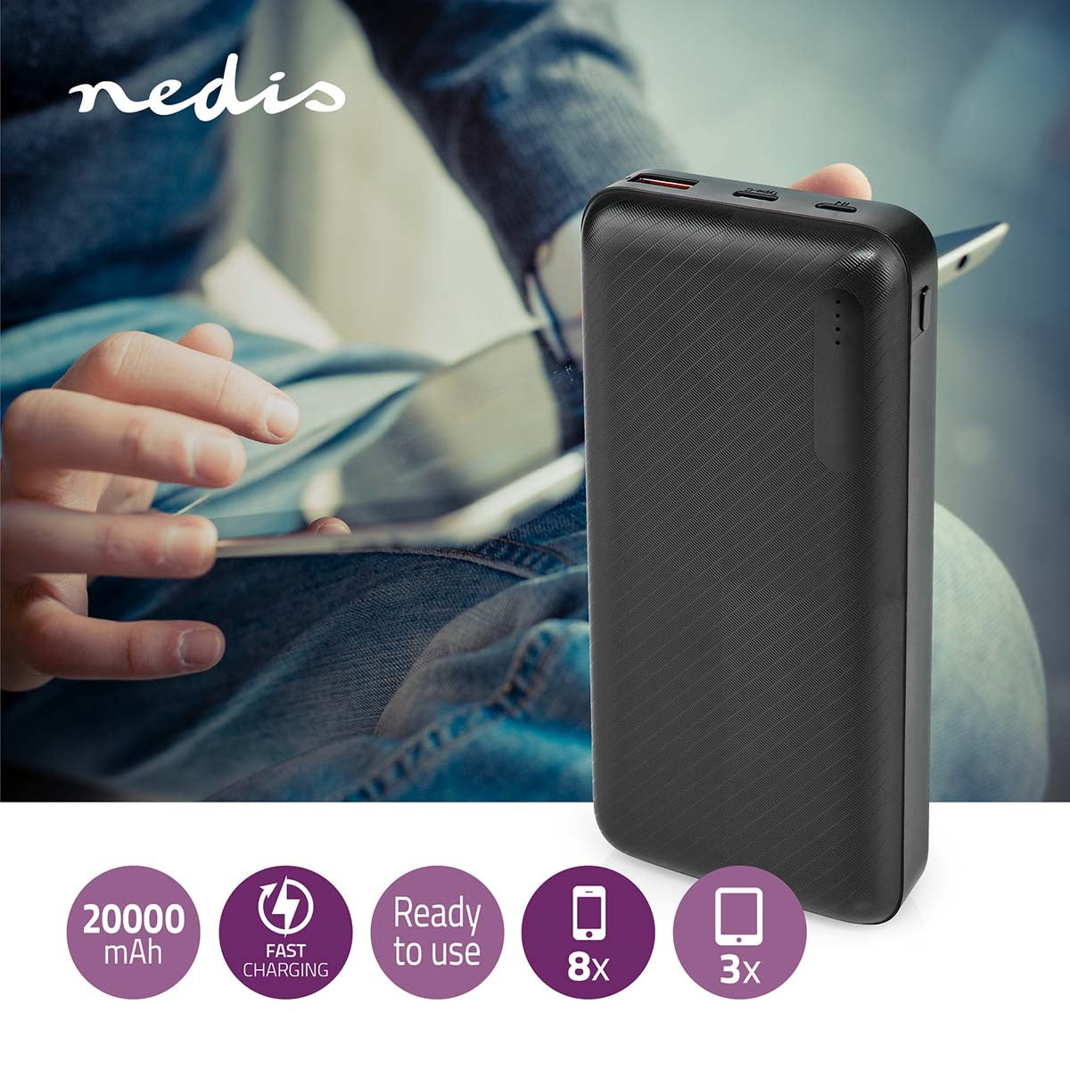 Power bank | 20000 mAh | 1.5 / 2.0 / 3.0 A | Number of outputs: 2 | Output connection: 1x USB-A / 1x USB-C™ | Input connection: 1x Micro USB / 1x USB-C™ | PD2.0 18W | Lithium polymer