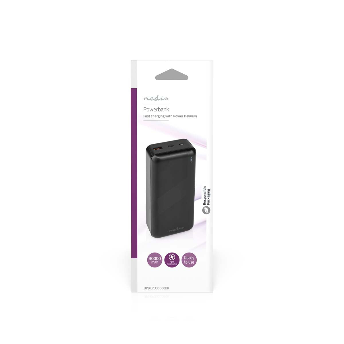 Power bank | 30000 mAh | 1.5 / 2.0 / 3.0 A | Number of outputs: 2 | Output connection: 1x USB-A / 1x USB-C™ | Input connection: 1x Micro USB / 1x USB-C™ | PD3.0 20W | Lithium polymer
