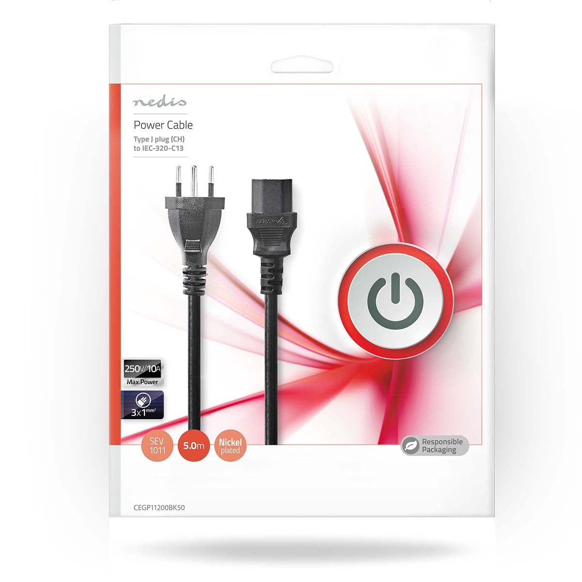 Power cable | CH type 12 | IEC-320-C13 | Straight | Straight | Nickel plated | 5.00 m | Round | PVC | Black | Envelope