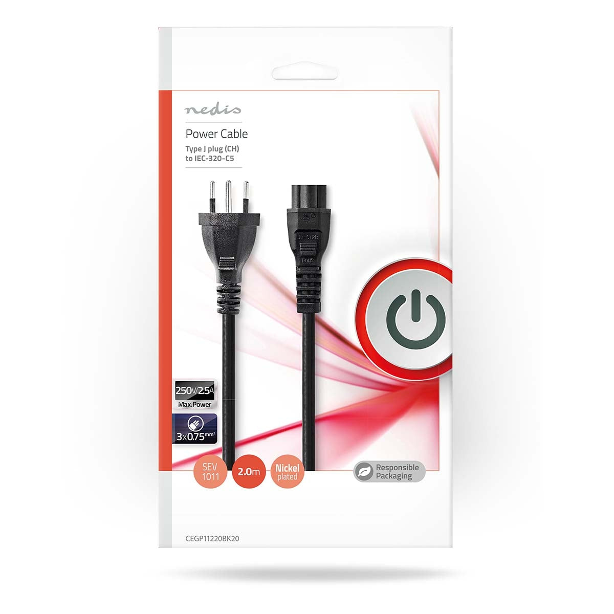 Power cable | CH type 12 | IEC-320-C5 | Straight | Straight | Nickel plated | 2.00 m | Round | PVC | Black | Envelope