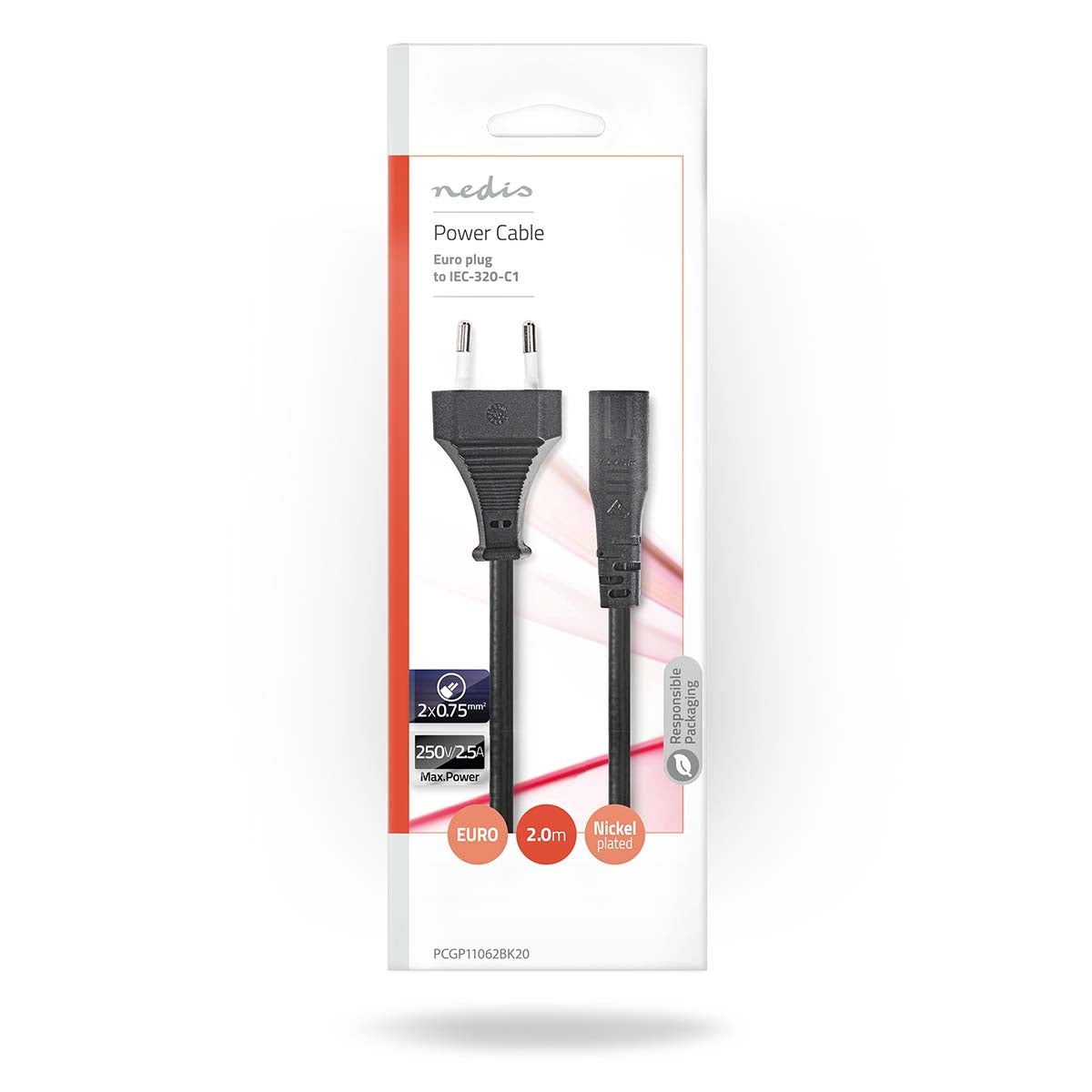 Power cable | Euro Man | IEC-320-C1 | Straight | Straight | Nickel plated | 2.00 m | Wrapped | PVC | Black | Envelope