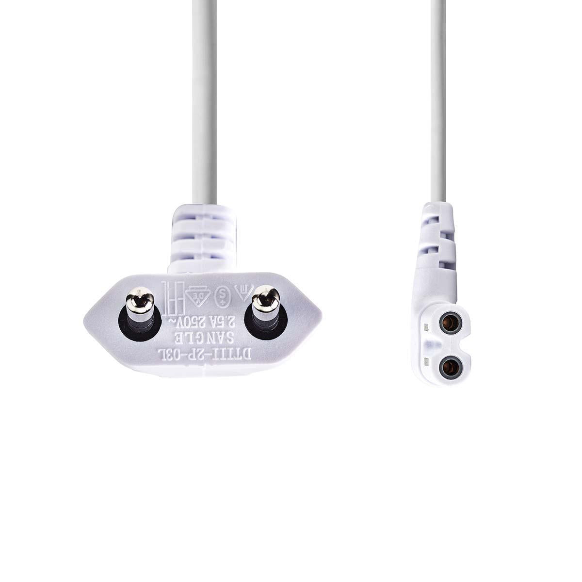 Power cable | Euro Man | IEC-320-C7 | Angled | Angled left | Nickel Plated | 2.00 m | Flat | PVC | White | Plastic bag