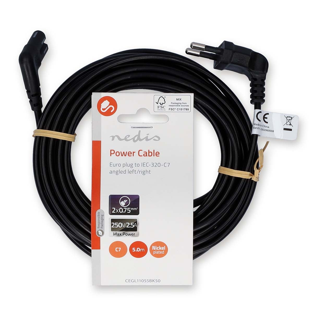 Power cable | Euro Man | IEC-320-C7 | Angled | Angled left | Nickel Plated | 5.00 m | Flat | PVC | Black | Label