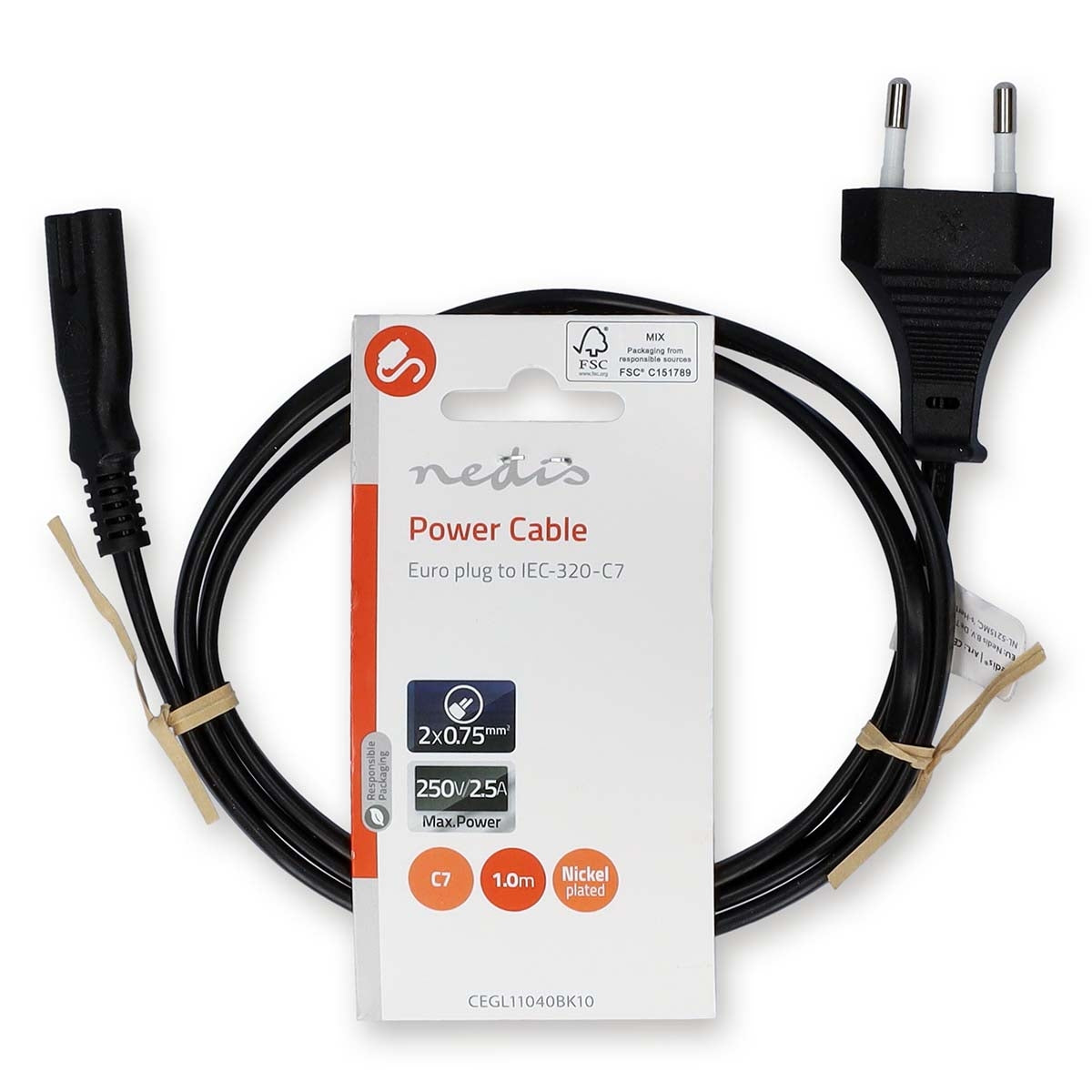 Power cable | Euro Man | IEC-320-C7 | Straight | Straight | Nickel Plated | 1.00 m | Flat | PVC | Black | Label