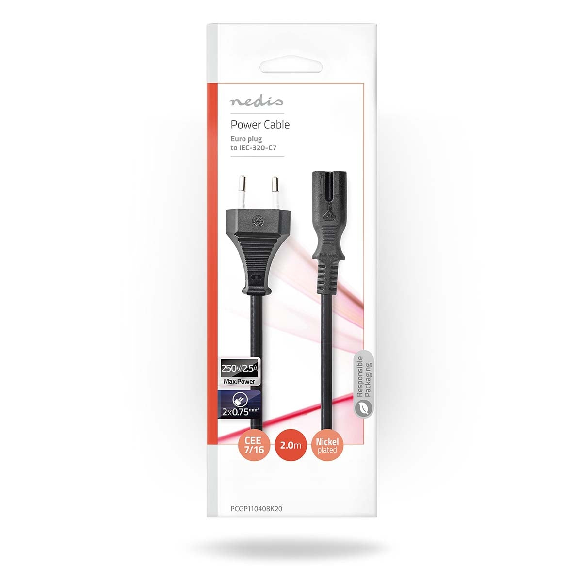 Power cable | Euro Man | IEC-320-C7 | Straight | Straight | Nickel Plated | 2.00 m | Flat | PVC | Black | Envelope