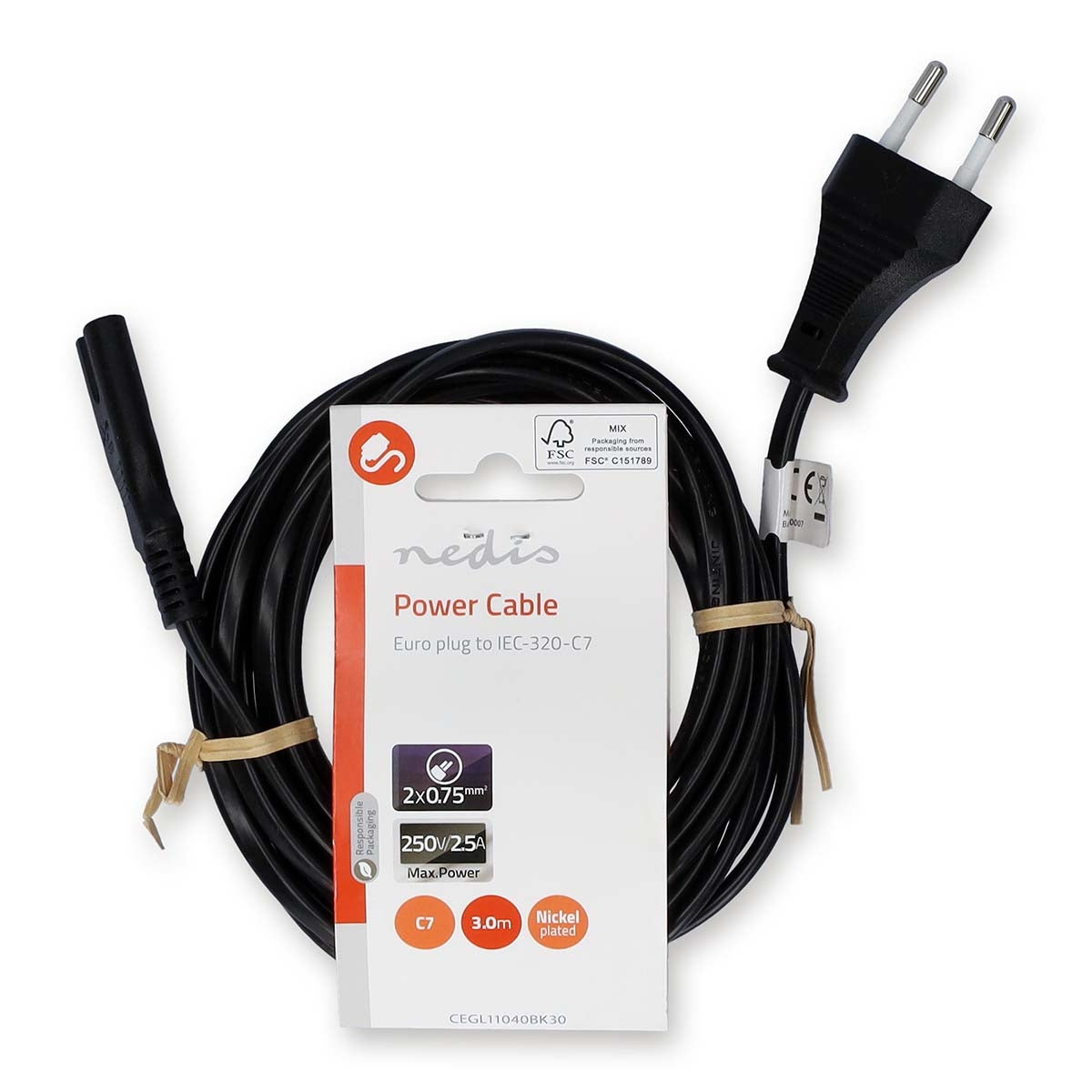 Power cable | Euro Man | IEC-320-C7 | Straight | Straight | Nickel Plated | 3.00 m | Flat | PVC | Black | Label