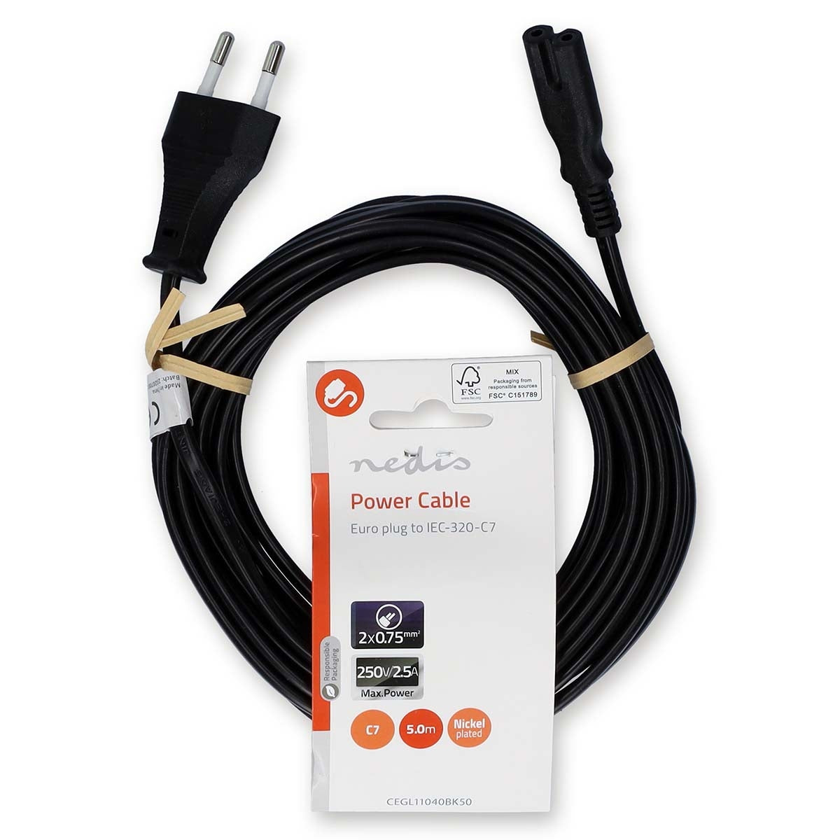 Power cable | Euro Man | IEC-320-C7 | Straight | Straight | Nickel Plated | 5.00 m | Flat | PVC | Black | Label
