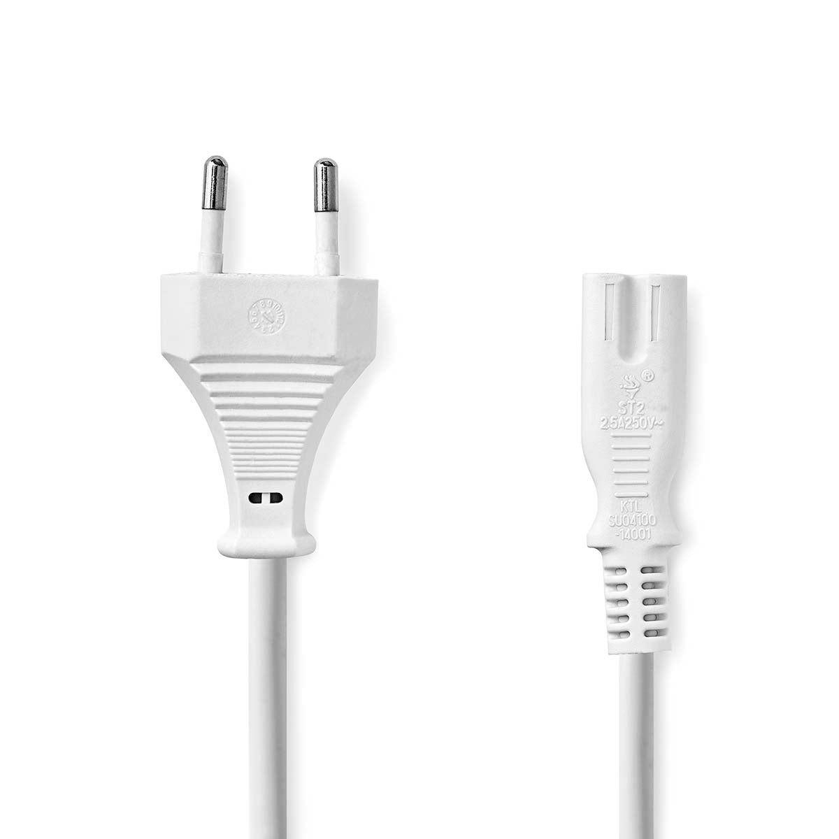 Power cable | Euro Man | IEC-320-C7 | Straight | Straight | Nickel Plated | 5.00 m | Flat | PVC | White | Label