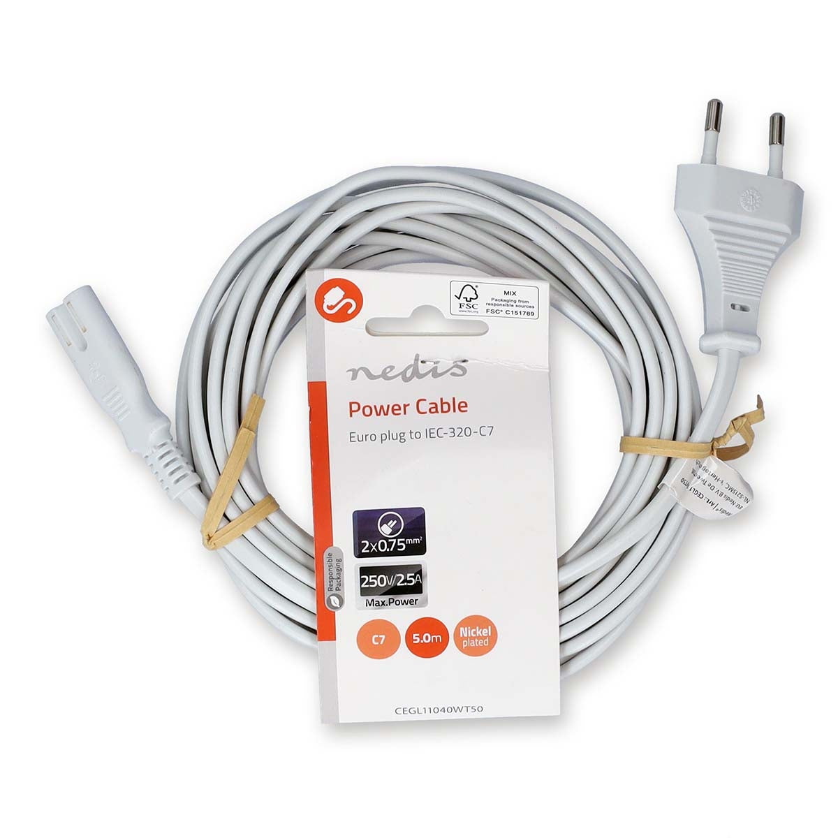 Power cable | Euro Man | IEC-320-C7 | Straight | Straight | Nickel Plated | 5.00 m | Flat | PVC | White | Label