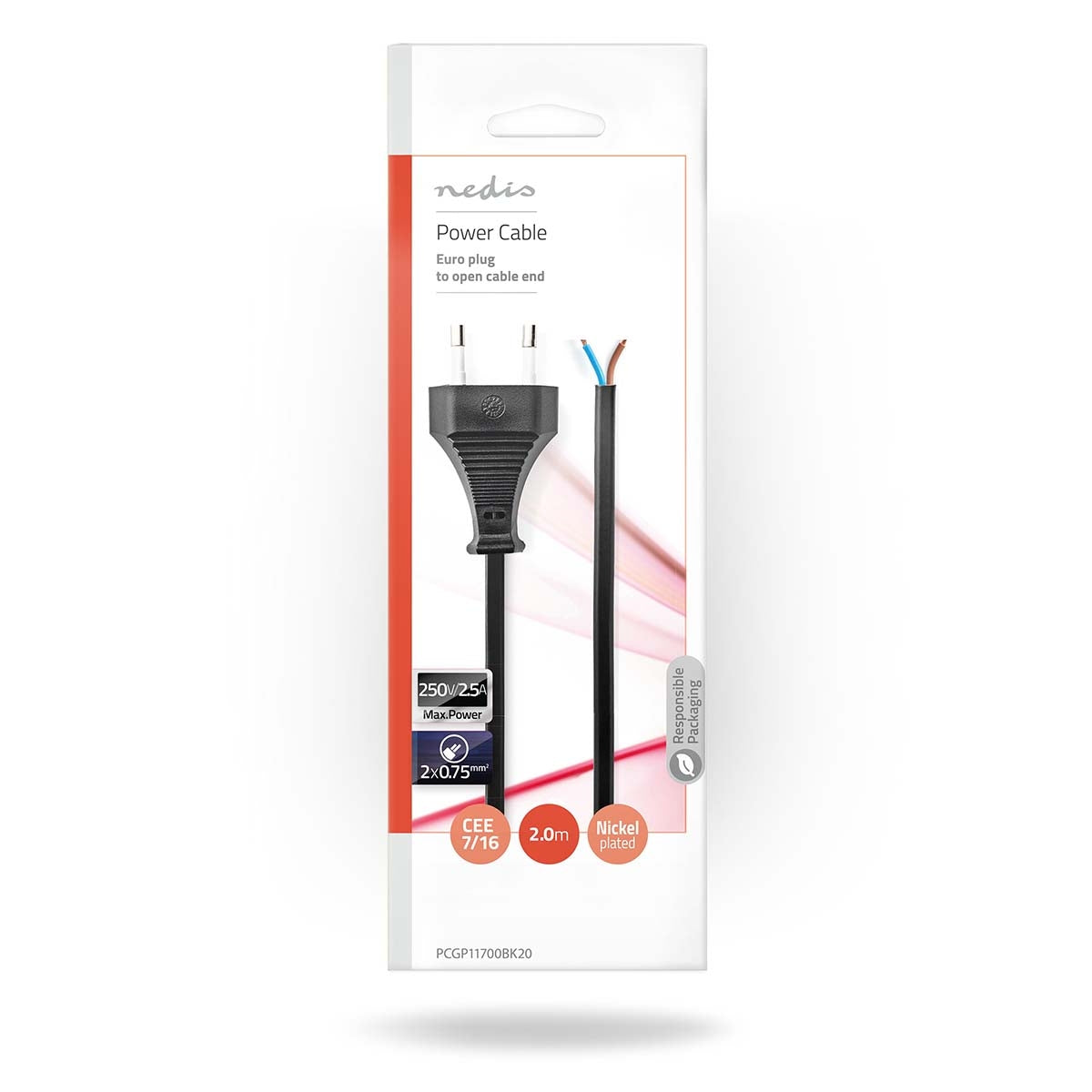 Power cable | Euro Man | Open | Straight | Straight | Nickel Plated | 2.00 m | Flat | PVC | Black | Envelope