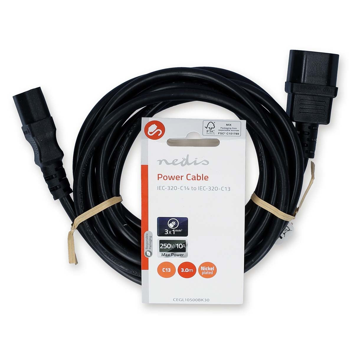 Power cable | IEC-320-C14 | IEC-320-C13 | Straight | Straight | Nickel Plated | 3.00 m | Round | PVC | Black | Label