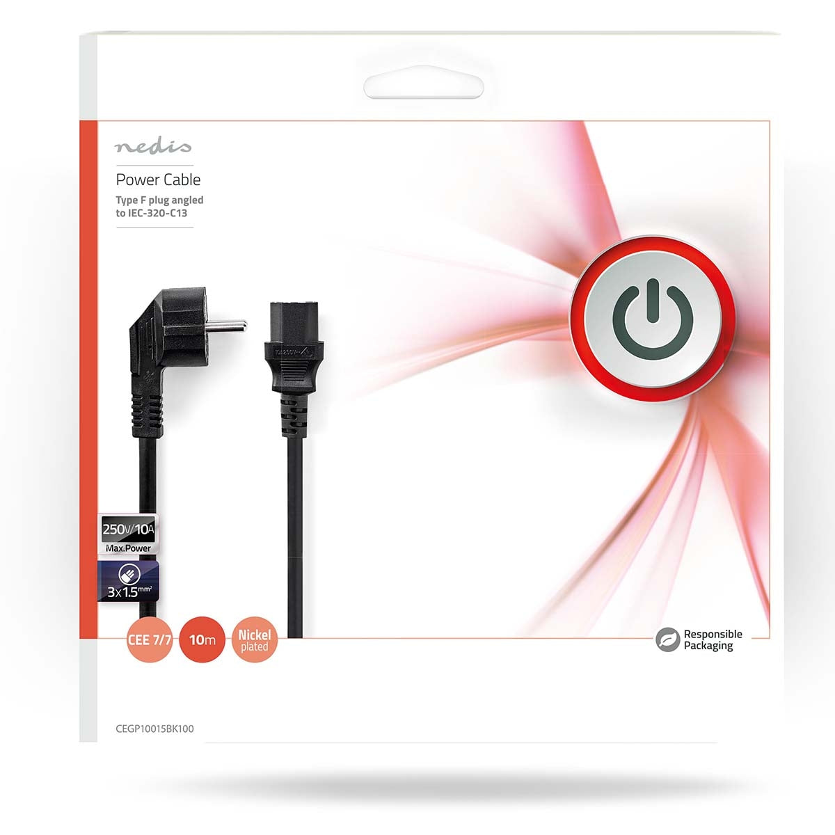 Power cable | Power connector Male | IEC-320-C13 | Angled | Straight | Nickel Plated | 10.0 m | Round | PVC | Black | Envelope