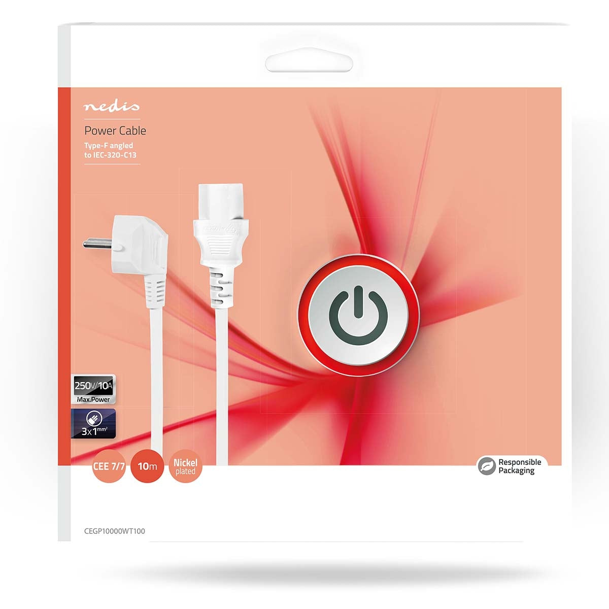 Power cable | Power connector Male | IEC-320-C13 | Angled | Straight | Nickel Plated | 10.0 m | Round | PVC | White | Plastic bag