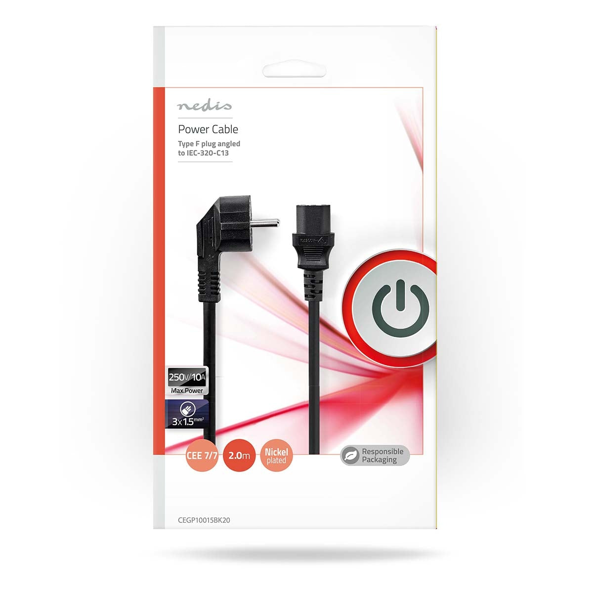 Power cable | Power connector Male | IEC-320-C13 | Angled | Straight | Nickel Plated | 2.00 m | Round | PVC | Black | Envelope