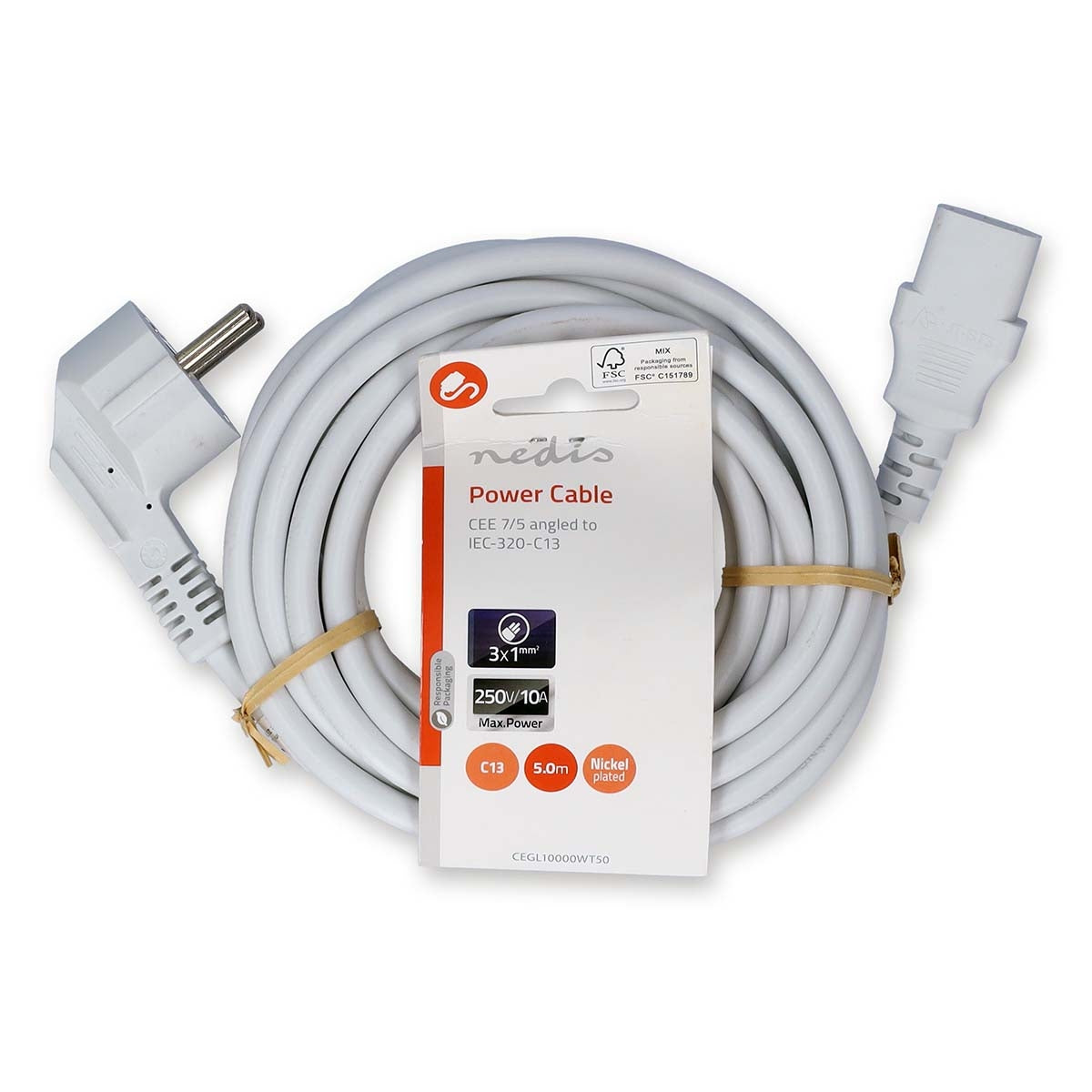 Power cable | Power connector Male | IEC-320-C13 | Angled | Straight | Nickel Plated | 5.00 m | Round | PVC | White | Label