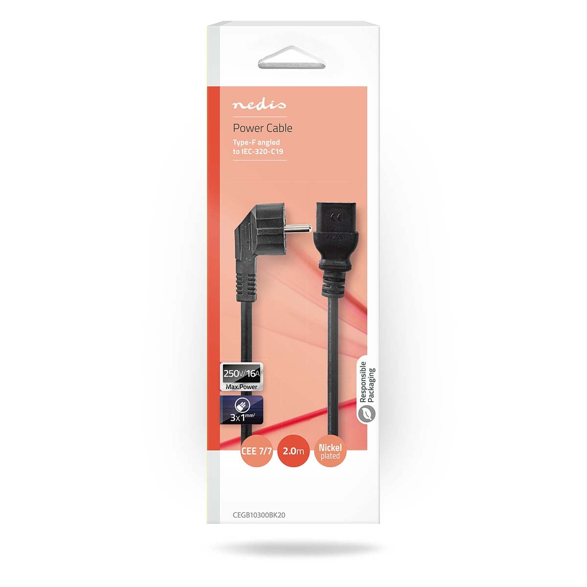 Power cable | Power connector Male | IEC-320-C19 | Angled | Straight | Nickel Plated | 2.00 m | Round | PVC | Black | Box