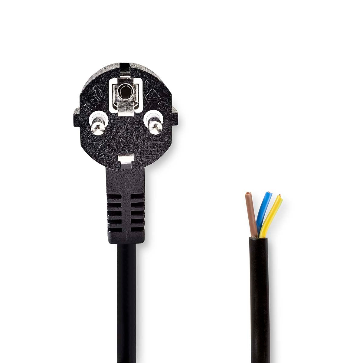 Power cable | Power connector Male | Open | Angled | Straight | Nickel Plated | 2.00 m | Round | PVC | Black | Envelope