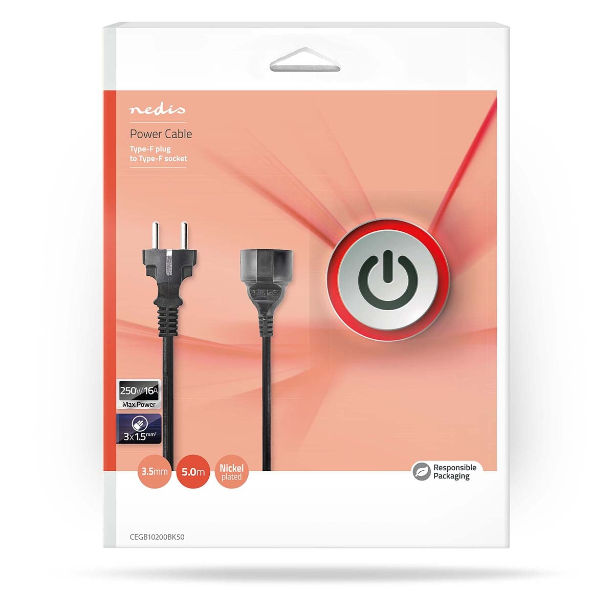 Power cable | Power connector Male | Power connector Female | Straight | Straight | Nickel Plated | 5.00 m | Round | PVC | Black | Box