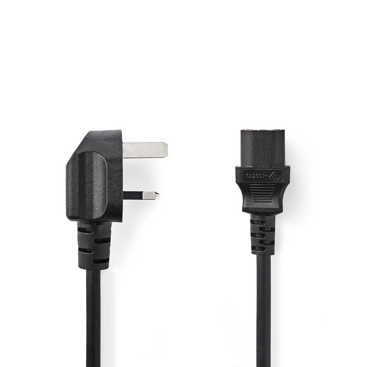 Power cable | UK Contact Male | IEC-320-C13 | Angled | Straight | Nickel Plated | 3.00 m | Round | PVC | Black | Plastic bag