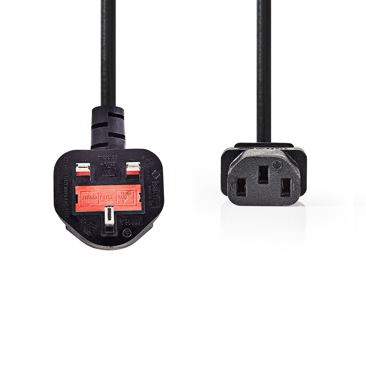 Power cable | UK Contact Male | IEC-320-C13 | Angled | Straight | Nickel Plated | 3.00 m | Round | PVC | Black | Plastic bag