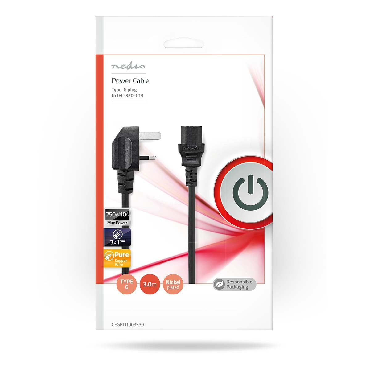 Power cable | UK Contact Male | IEC-320-C13 | Angled | Straight | Nickel Plated | 3.00 m | Round | PVC | Black | Plastic bag