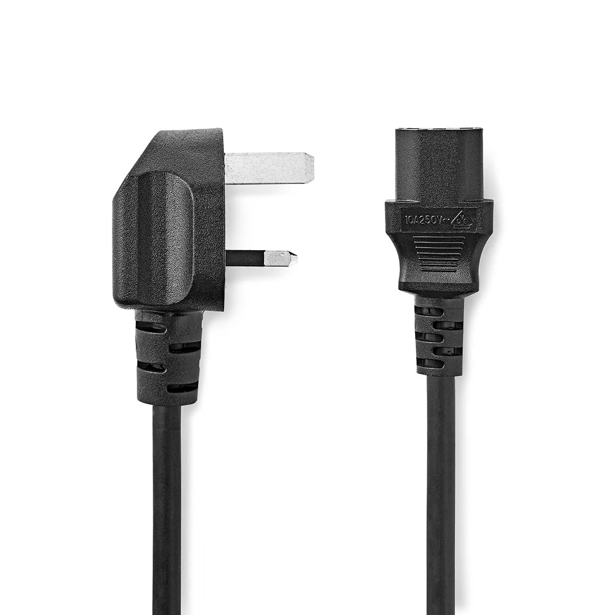 Power cable | UK Contact Male | IEC-320-C13 | Angled | Straight | Nickel Plated | 5.00 m | Round | PVC | Black | Plastic bag