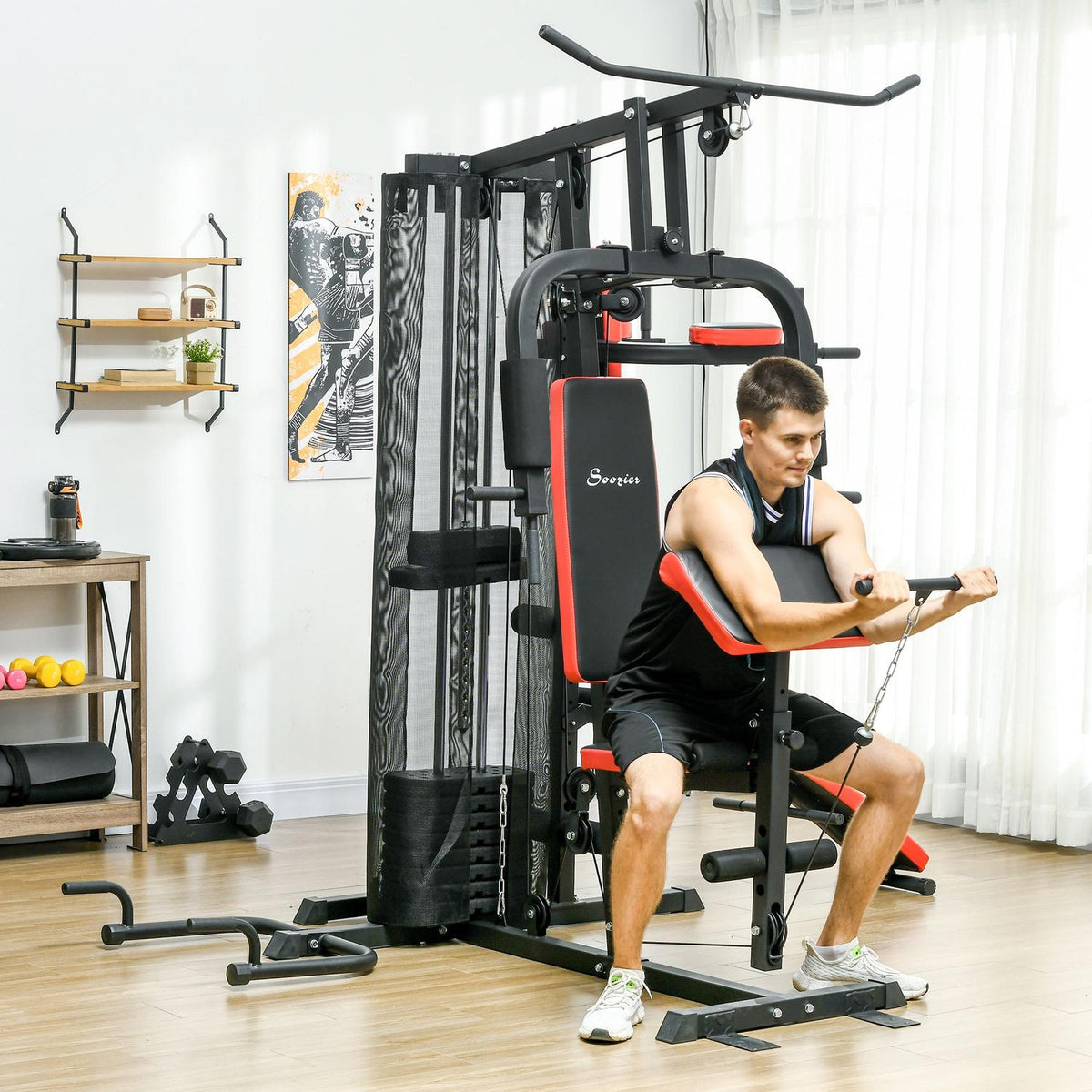 Power station, multifunctional fitness station with butterfly and lat pull-down bar, curler, chest press, sit-up bench, fitness device with 65 kg weight blocks for home, black