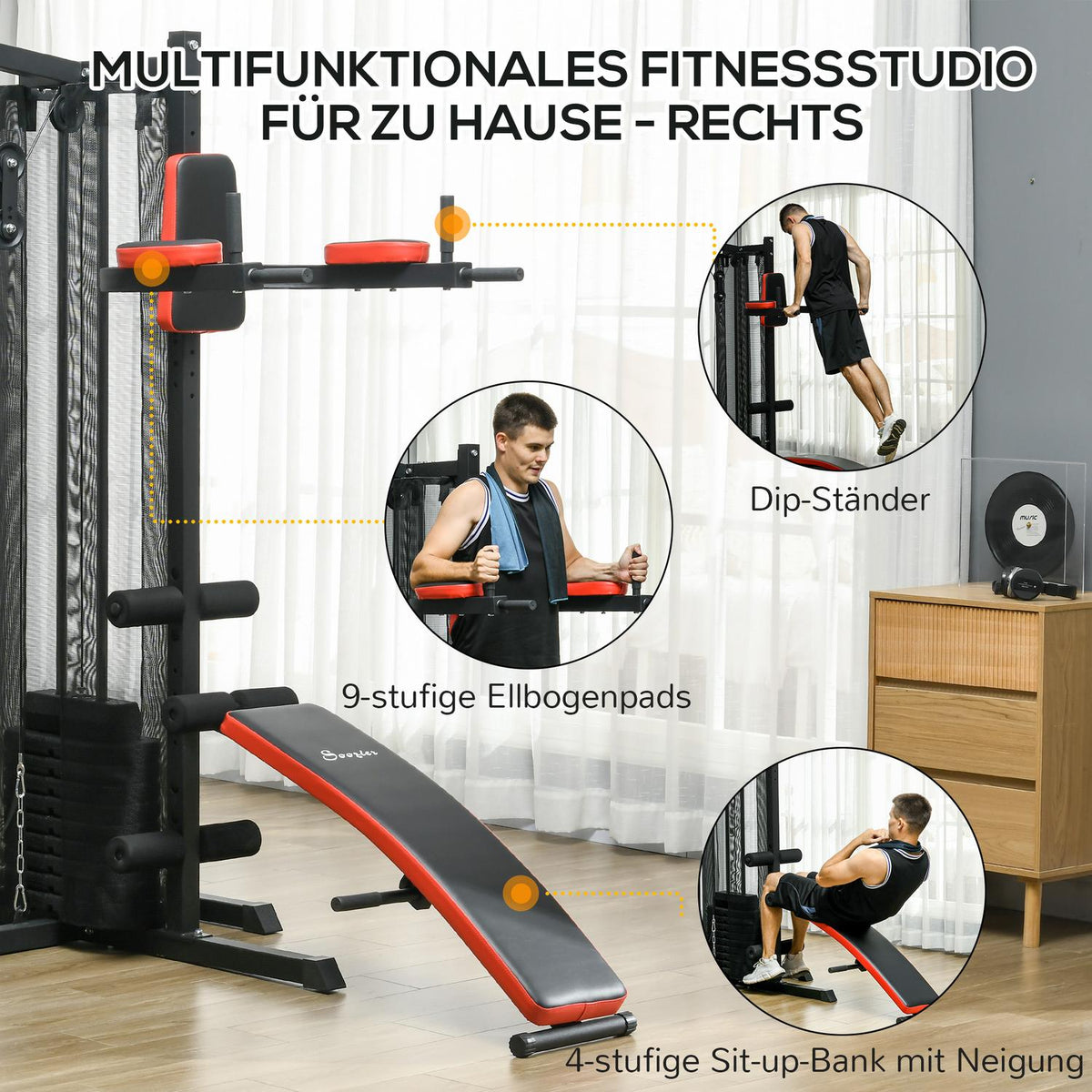 Power station, multifunctional fitness station with butterfly and lat pull-down bar, curler, chest press, sit-up bench, fitness device with 65 kg weight blocks for home, black
