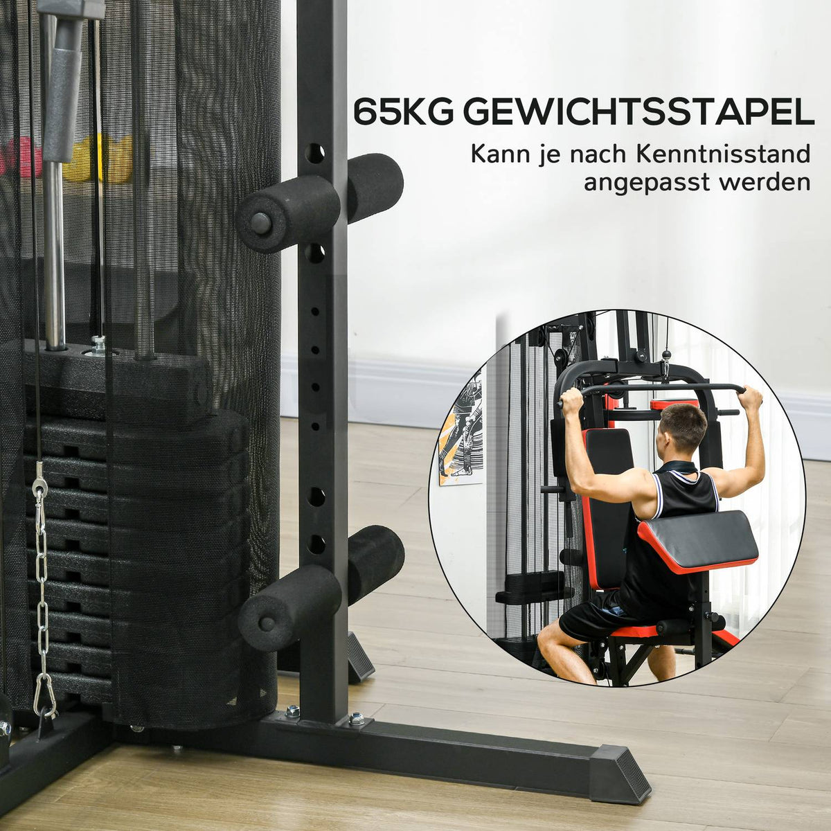 Power station, multifunctional fitness station with butterfly and lat pull-down bar, curler, chest press, sit-up bench, fitness device with 65 kg weight blocks for home, black