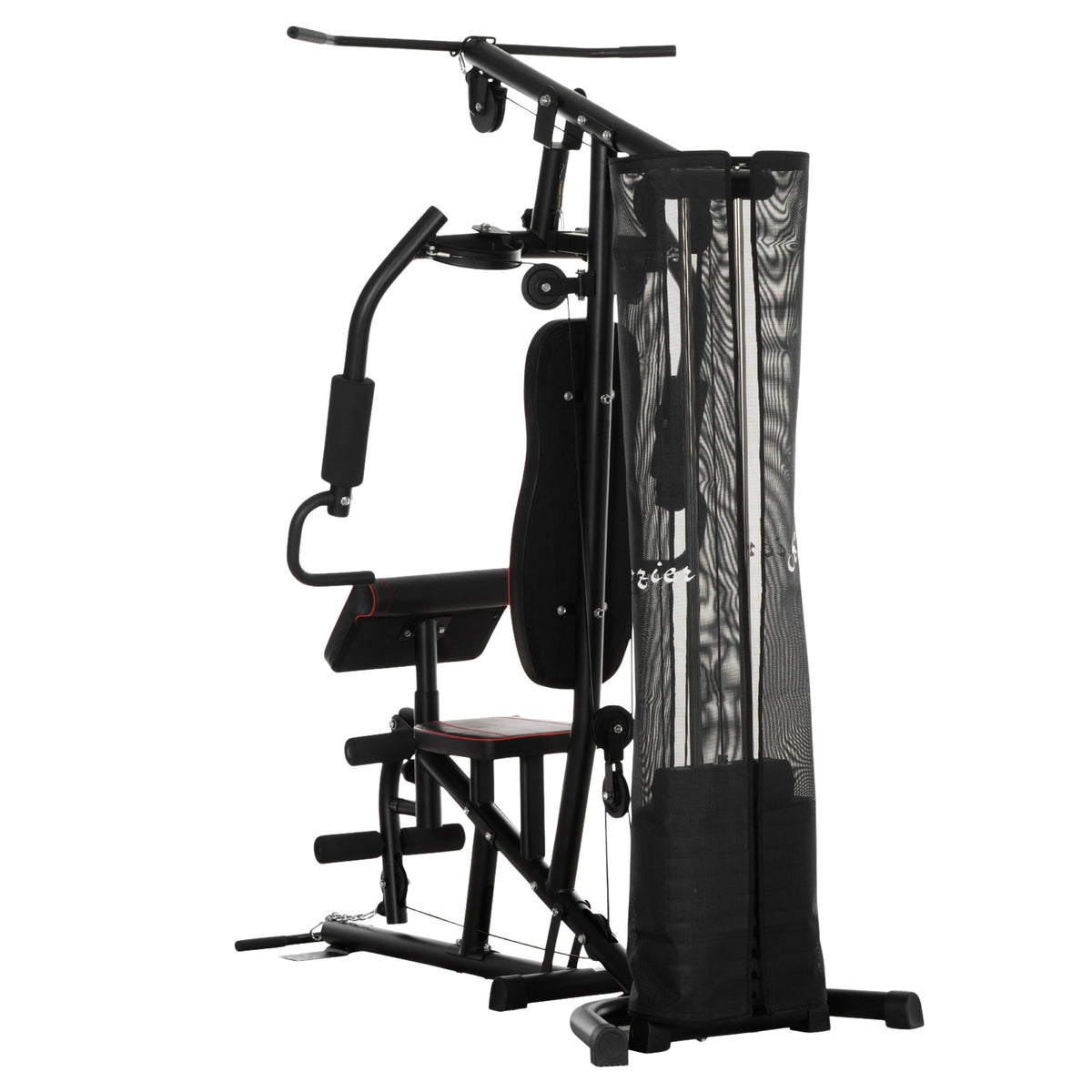 Power station, multifunctional fitness station with lat pull-down and butterfly bar, weight bench, chest press, curler, fitness device with 45 kg weight blocks for home, black