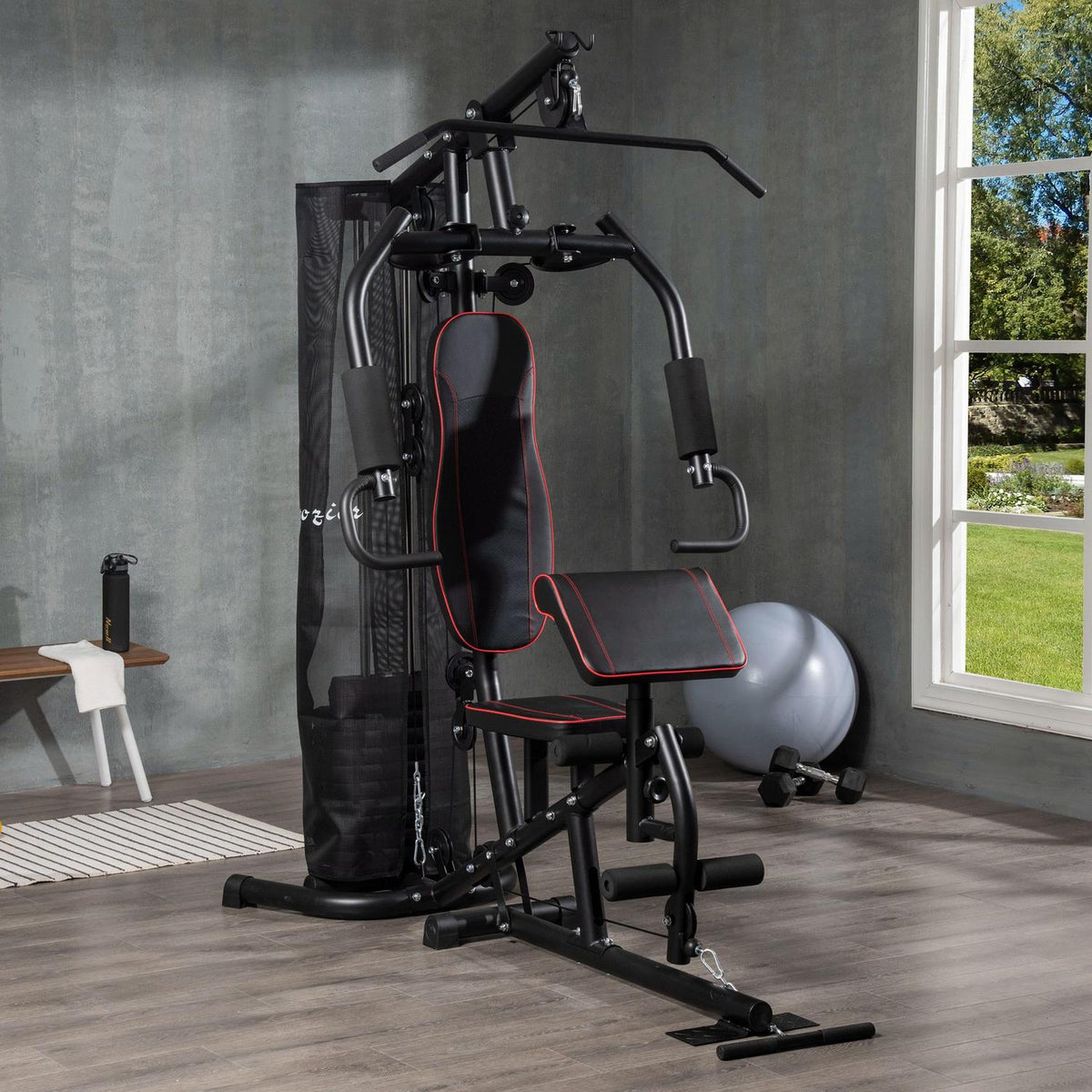 Power station, multifunctional fitness station with lat pull-down and butterfly bar, weight bench, chest press, curler, fitness device with 45 kg weight blocks for home, black