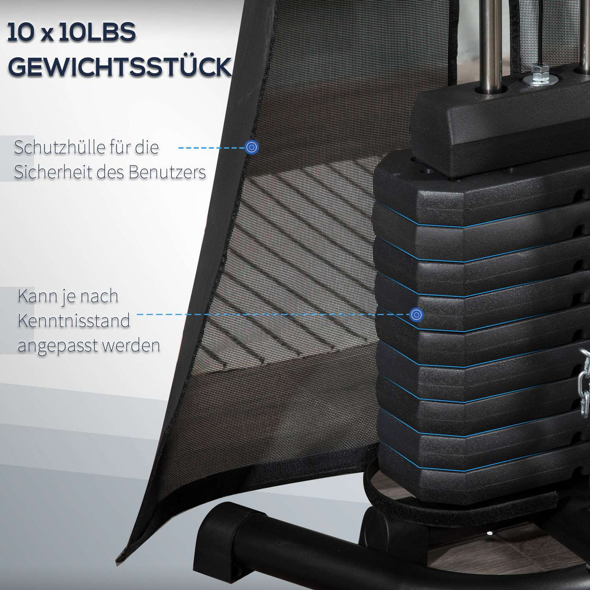 Power station, multifunctional fitness station with lat pull-down and butterfly bar, weight bench, chest press, curler, fitness device with 45 kg weight blocks for home, black
