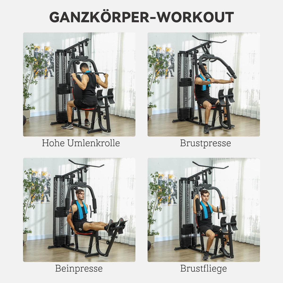 Power station, multifunctional fitness station with lat pulldown & butterfly bar, leg press, fitness device with 45 kg weight blocks for home, black