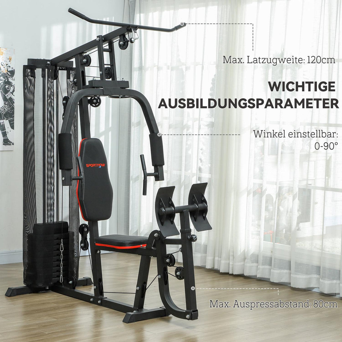 Power station, multifunctional fitness station with lat pulldown & butterfly bar, leg press, fitness device with 45 kg weight blocks for home, black