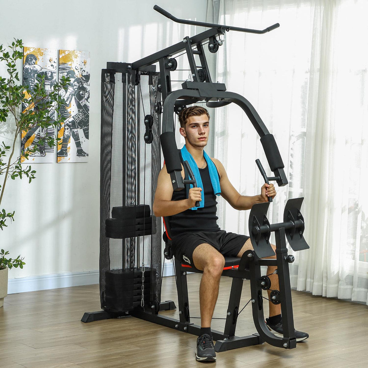 Power station, multifunctional fitness station with lat pulldown & butterfly bar, leg press, fitness device with 45 kg weight blocks for home, black
