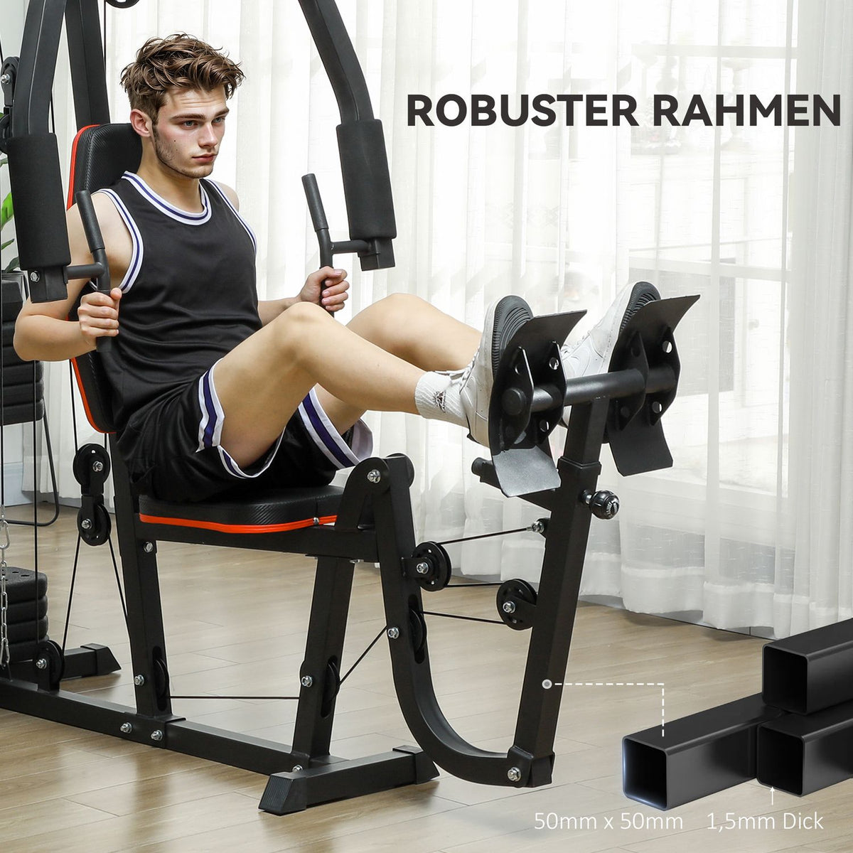 Power station, multifunctional fitness station with lat pulldown & butterfly bar, leg press, fitness device with 45 kg weight blocks for home, black