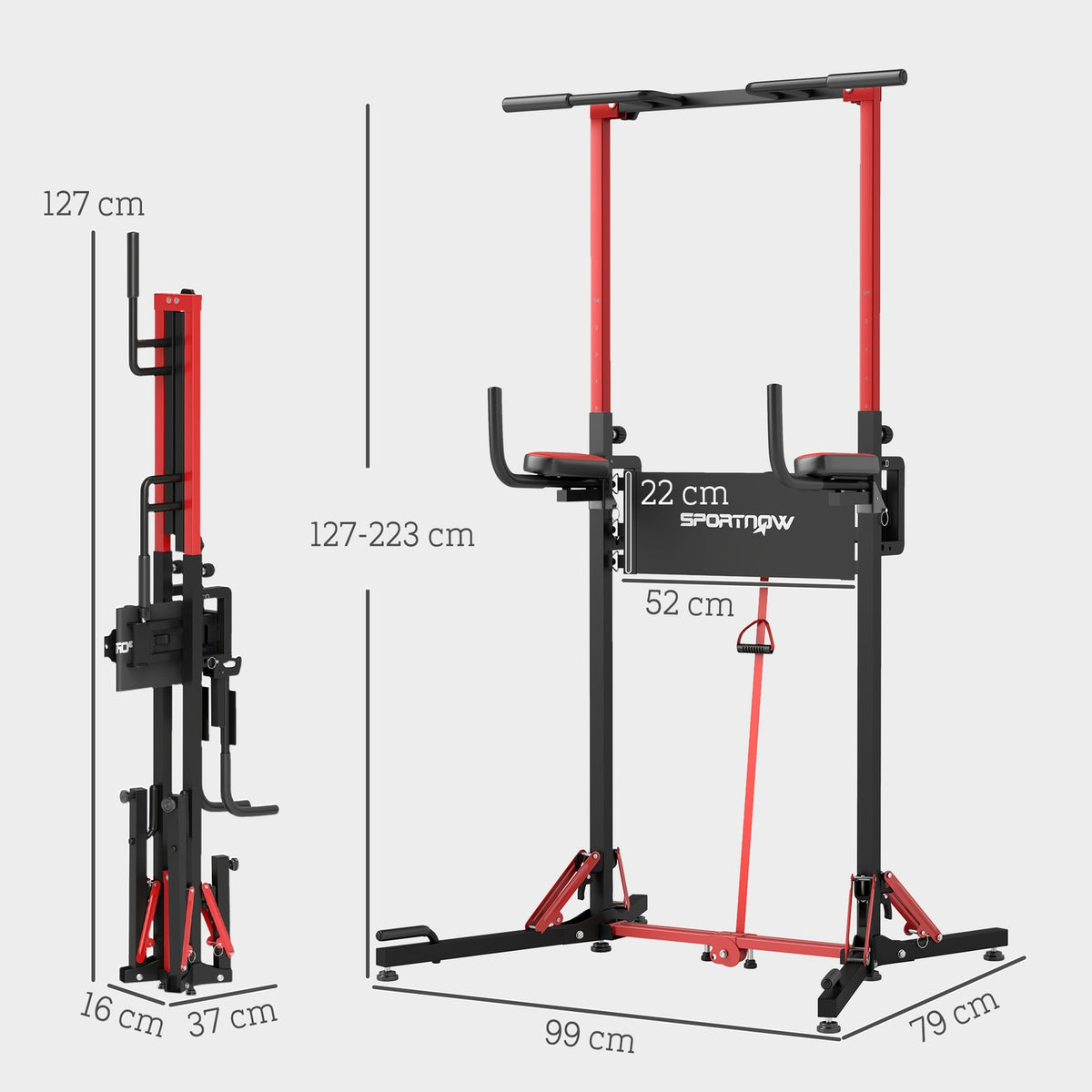 Power tower height adjustable 127-223 cm, multifunctional power tower, foldable pull-up tower, pull-up bar, power station max. 120 kg, for home training