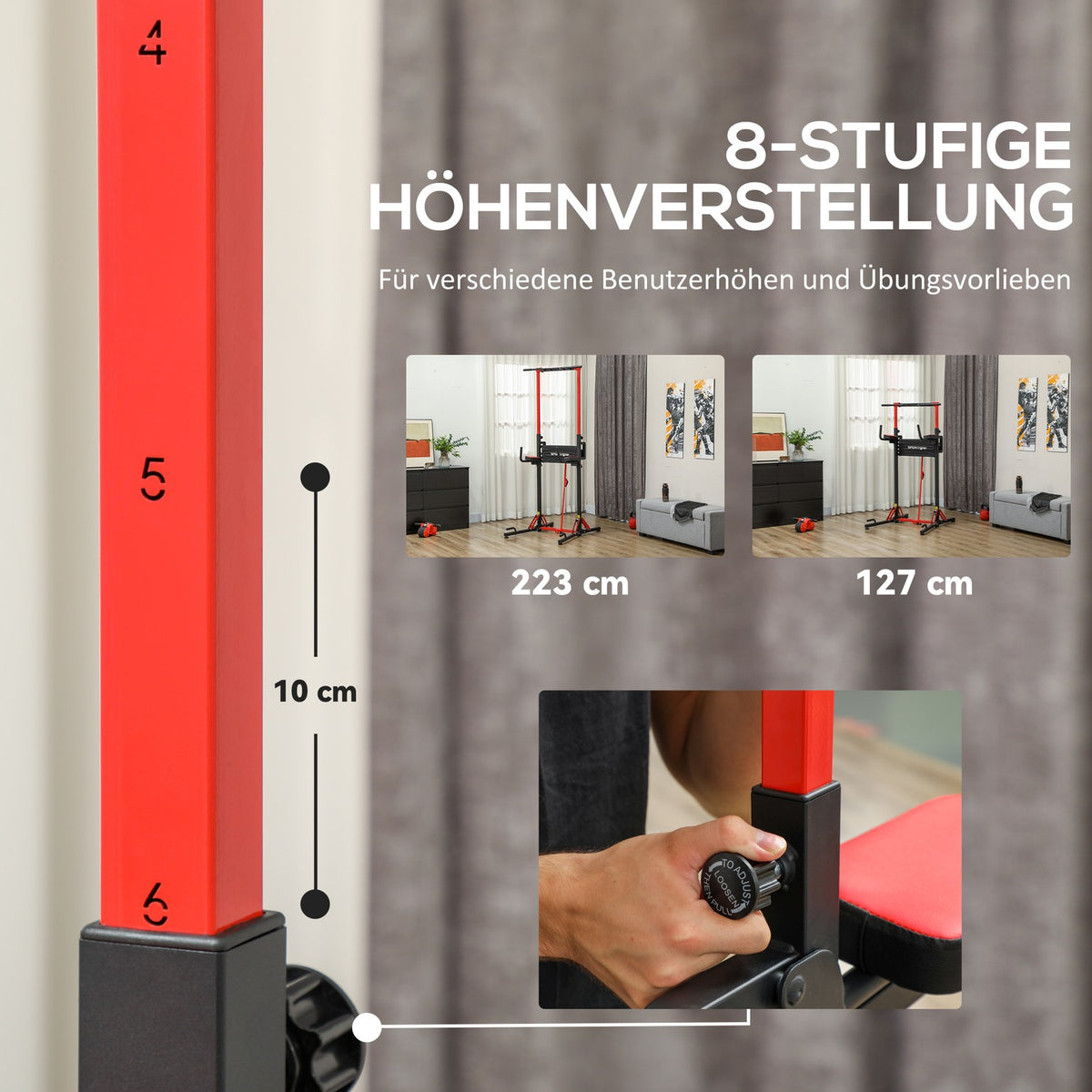 Power tower height adjustable 127-223 cm, multifunctional power tower, foldable pull-up tower, pull-up bar, power station max. 120 kg, for home training