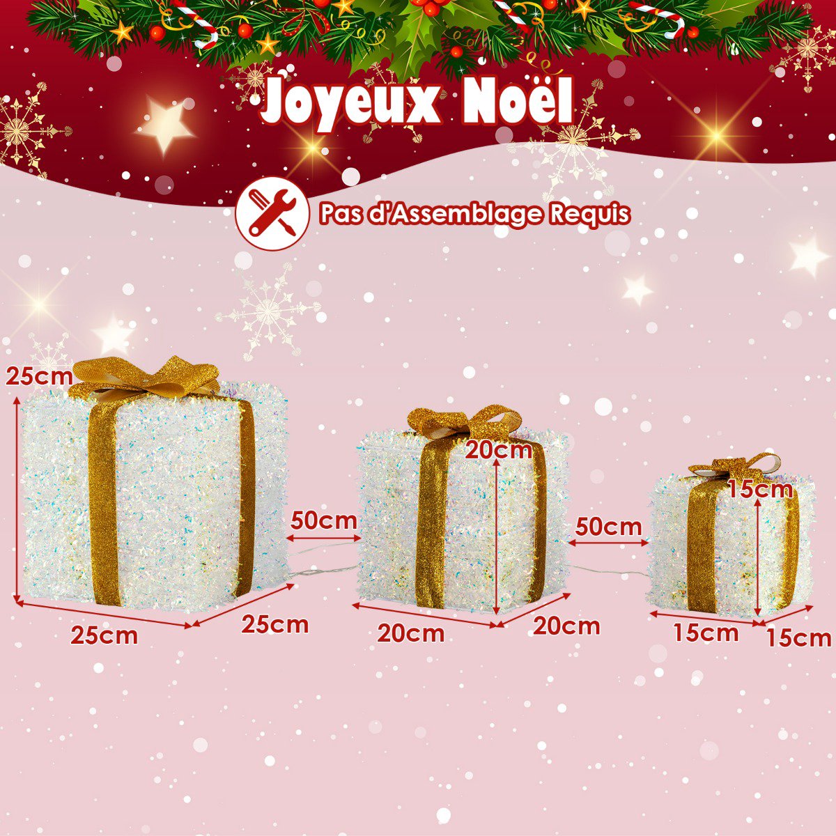 Pre-Lit Christmas Gift Boxes Set of 3, 200 Warm LEDs