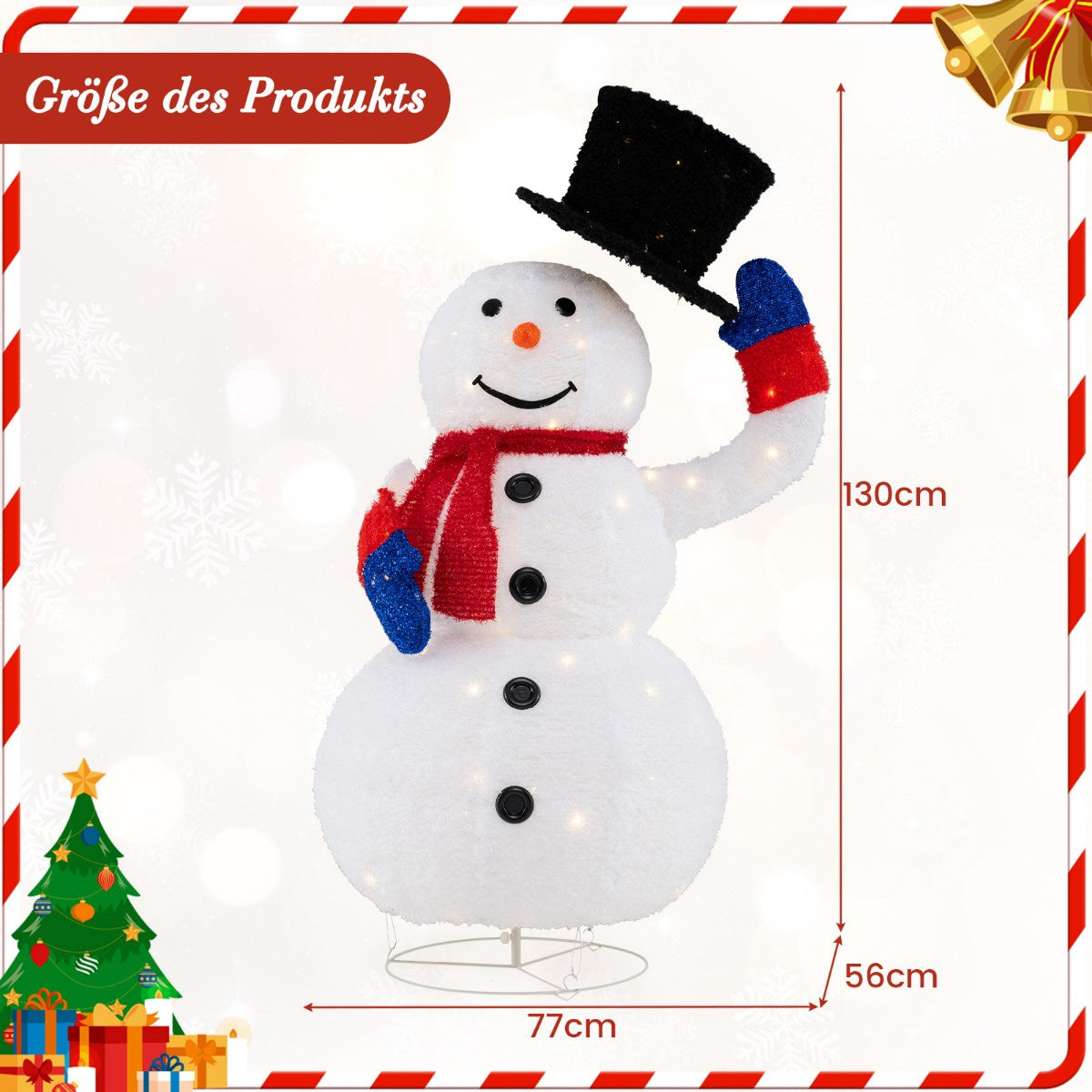 Pre-Lit Christmas Snowman 130cm, 120 Warm LED, Timer