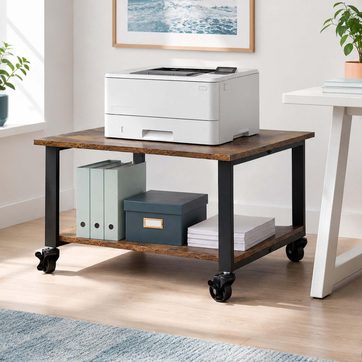 Printer Stand with Castors, Black – 2-Tier, 32x50x50 cm