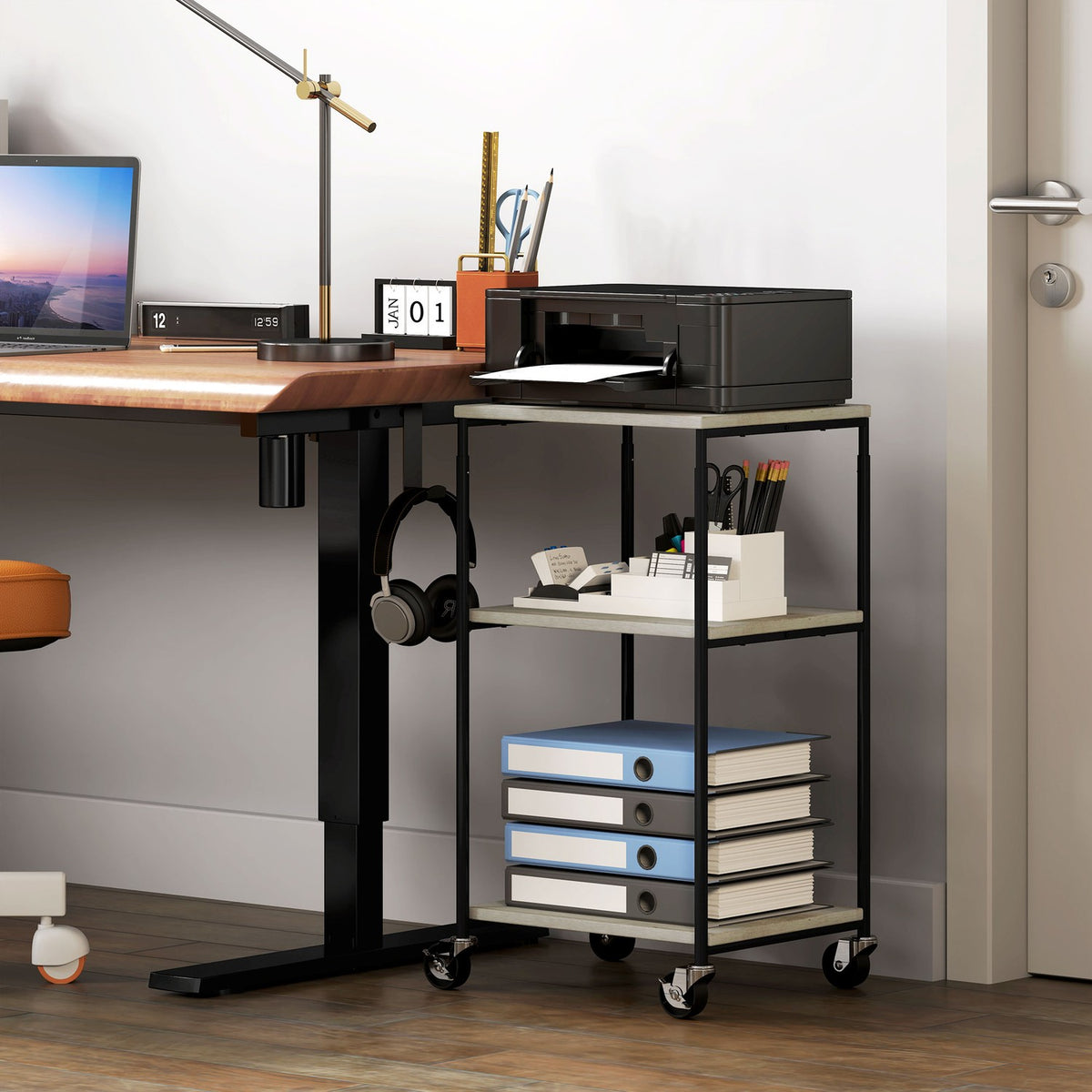 Printer table with roller, printer stand with 3 levels, printer holder, printer trolley can hold up to 12 kg, for office, study, steel, 39 x 34.5 x 81.5 cm