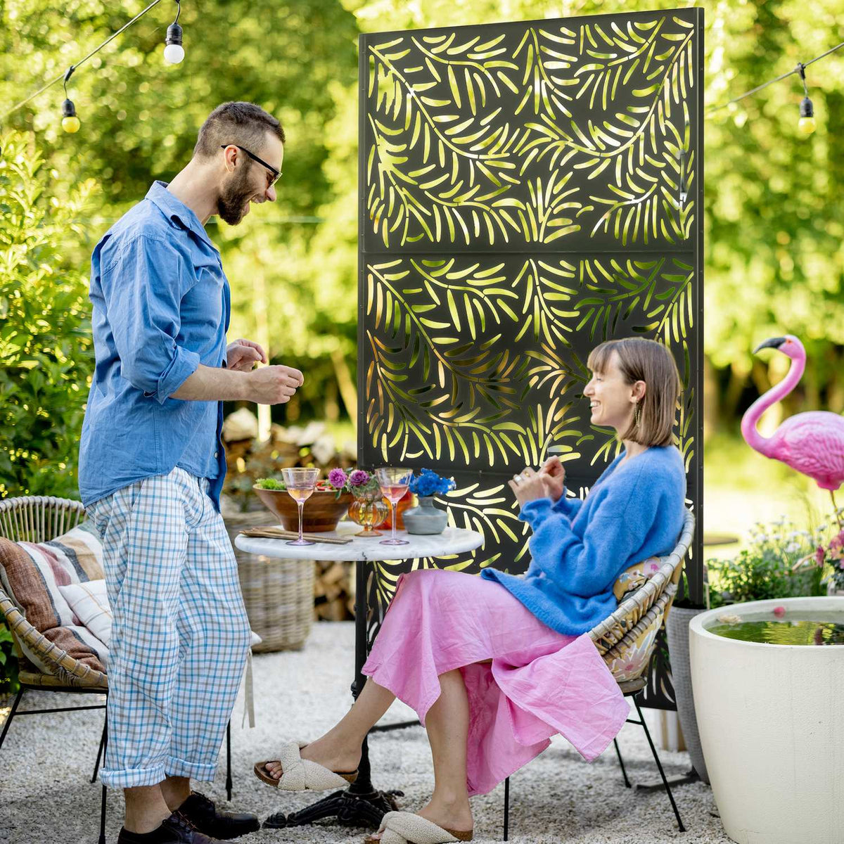 Privacy Screen Room Divider With Willow Leaf Pattern, 122X198Cm, Steel Black, For Garden & Patio