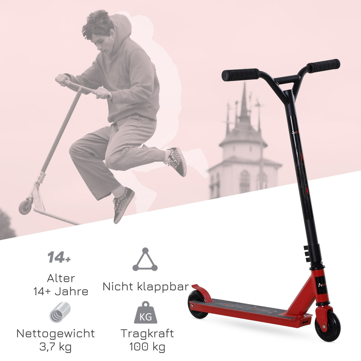 Pro Stunt Scooter For Freestyle Tricks, 100Mm Pu Wheels, For Children And Adults, Aluminum, Red